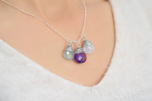 MadamLili Silberkette mit Aquamarin Mondstein Anhänger – elegante Kette mit Aquamarin, Mondstein & Amethyst