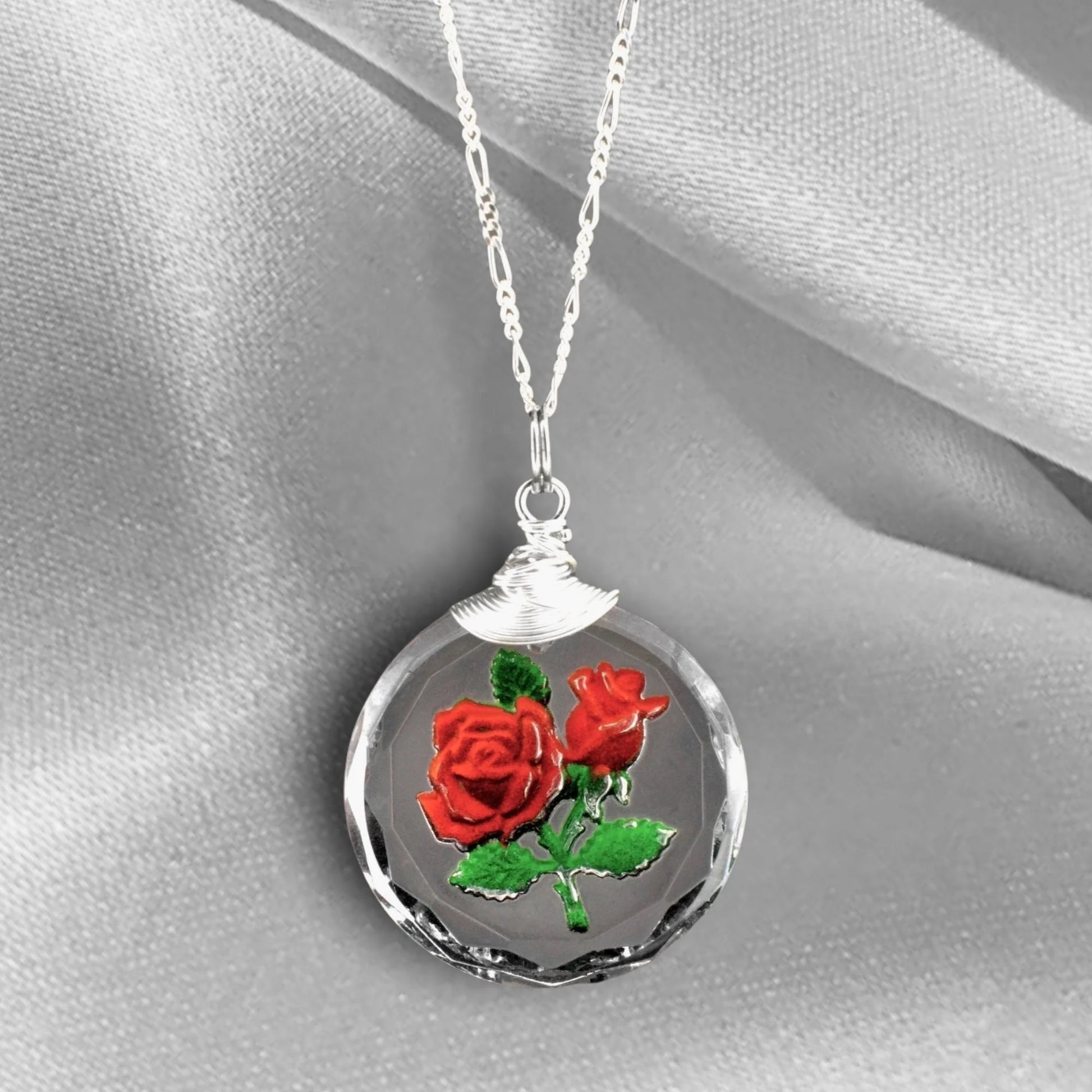 Rose Glas Anhänger mit Kette 925 Silber von MadamLili – Rosen im Glasanhänger, Vintage-Stil.