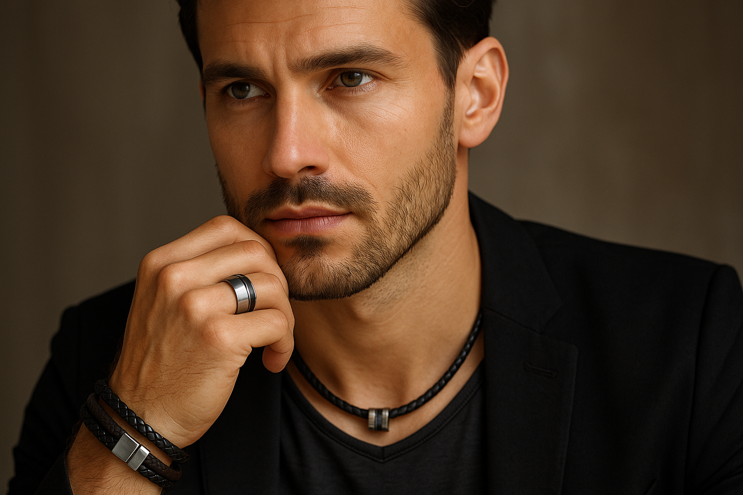 Mann mit Leder und Edelstahlschmuck 