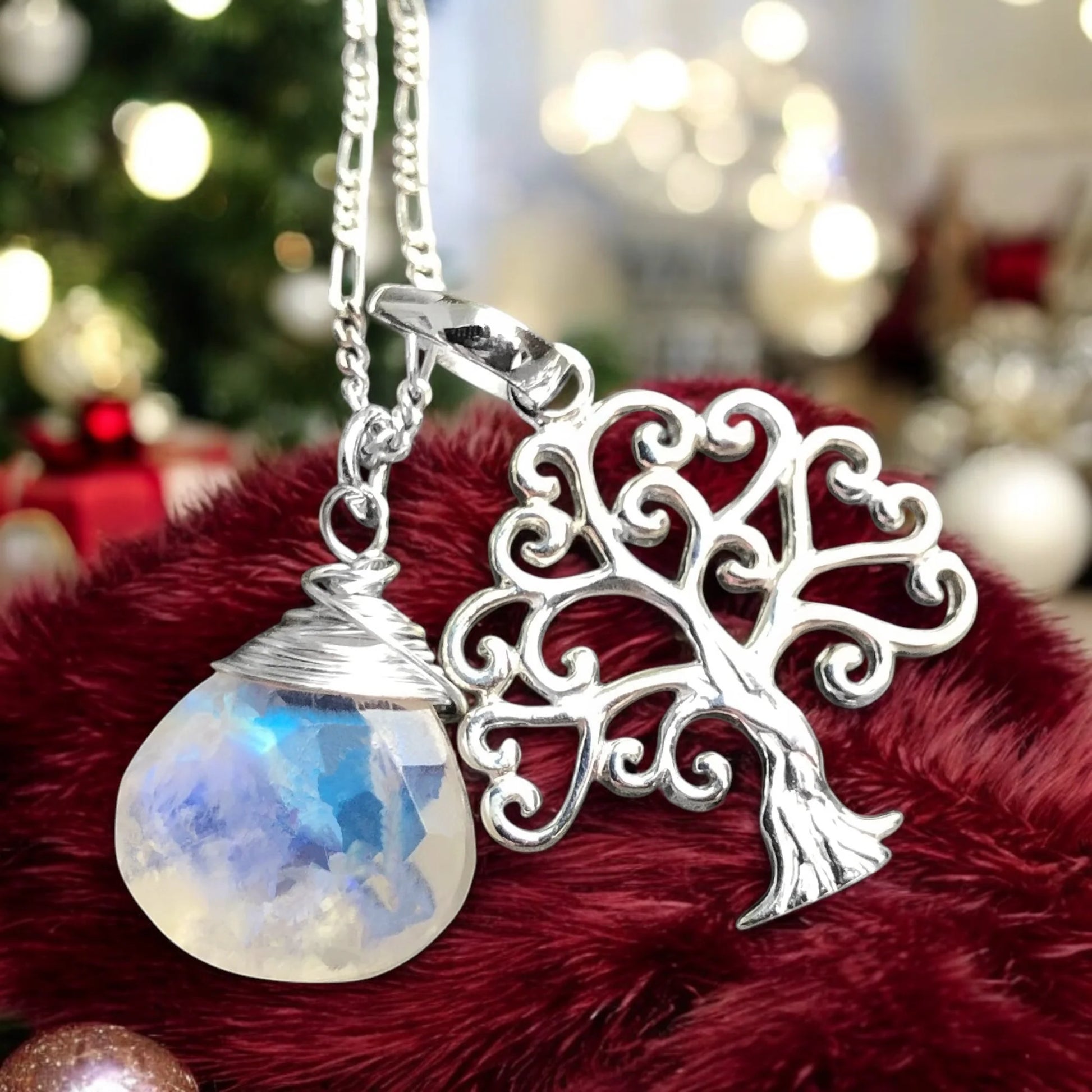 Silberkette mit Lebensbaum und Mondstein Anhänger, MadamLili 925 Sterling Silber handgefertigt, 60 cm