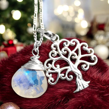 Silberkette mit Lebensbaum und Mondstein Anhänger, MadamLili 925 Sterling Silber handgefertigt, 60 cm