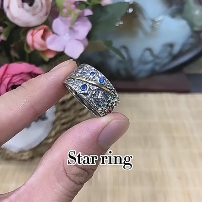 Vintage-Ring aus Sterlingsilber mit Saphiren, Zirkonia & Sterne-Motiv